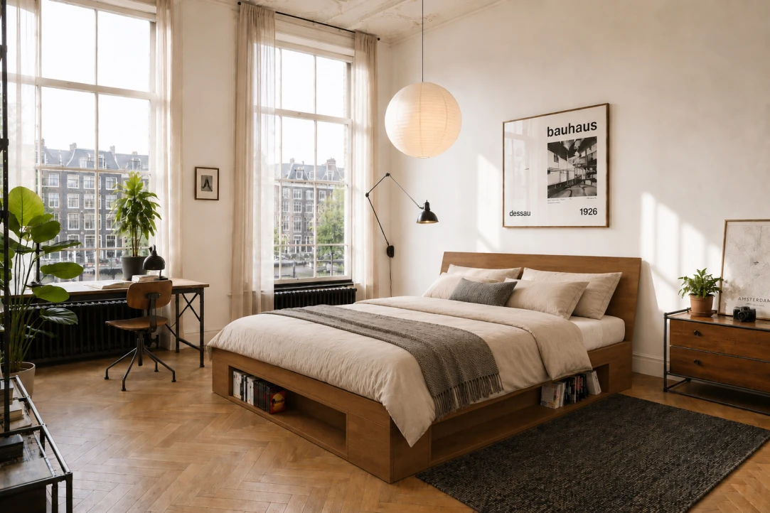 Zen-Doppelbett mit individuell anpassbaren Bücherregalmodulen