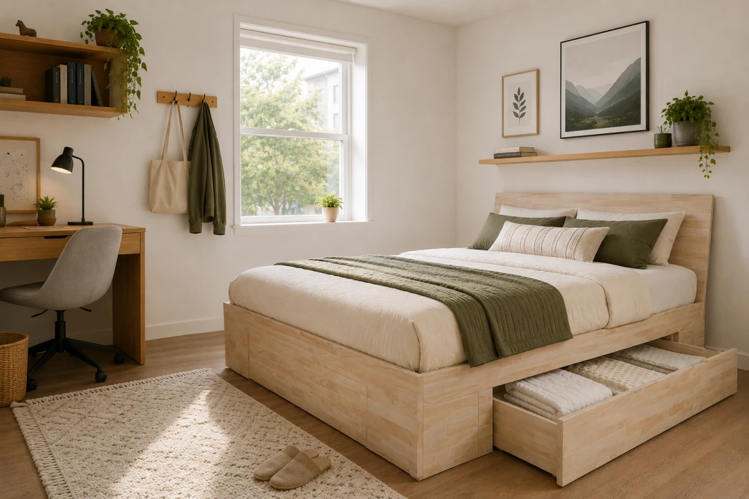 Zen Space Doppelbett aus massivem Buchenholz mit Schubladen